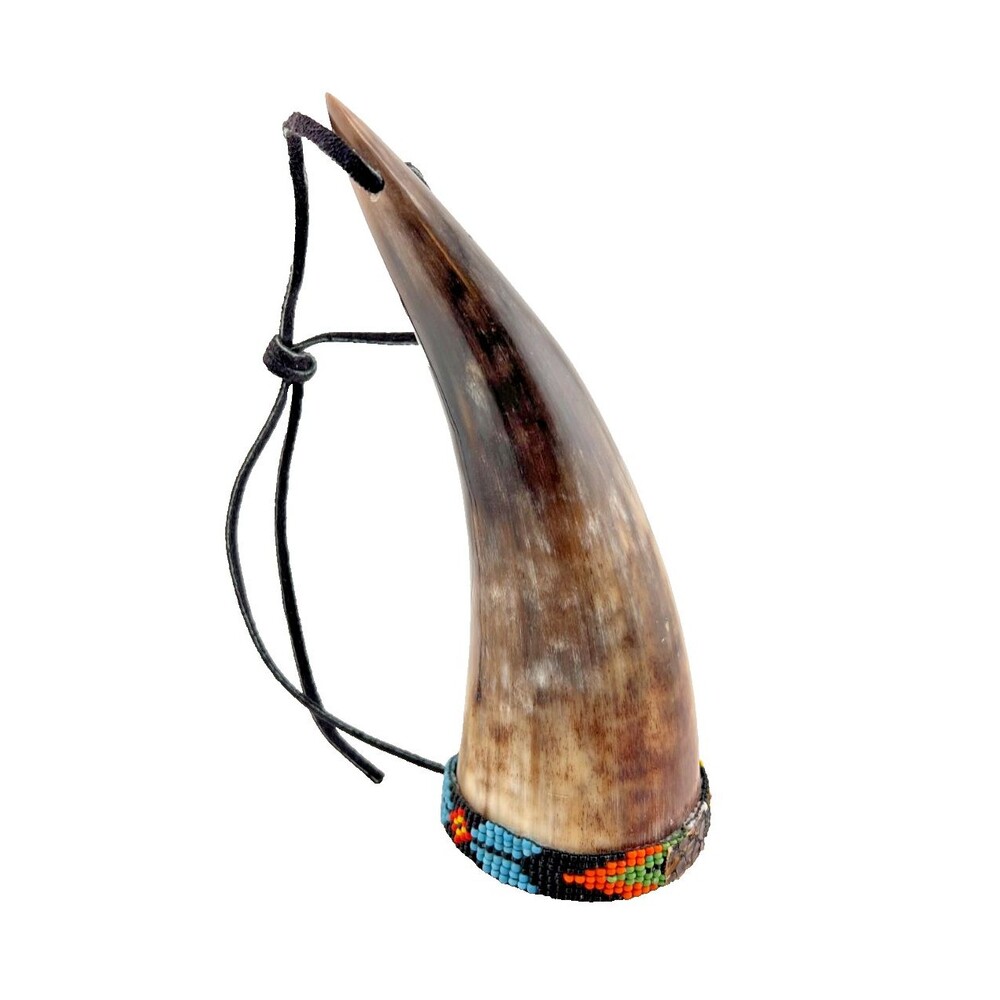 Native American Beaded Ceremonial Bovine Horn Drinking Cup Southwestern Decor 7"